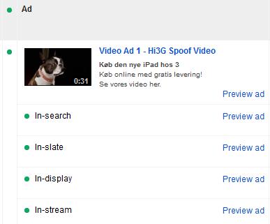 Der er disse 4 annonceringsmuligheder til rådighed på YouTube. In-stream dækker over prerolls, mens de andre 3 formater er statiske annoncer.